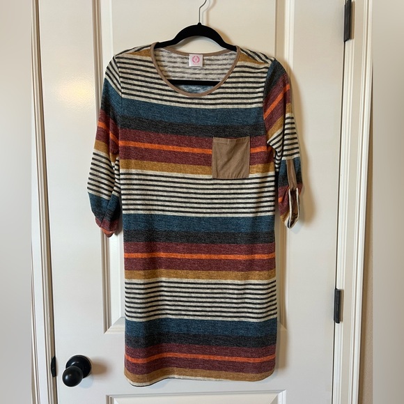 Navy blue, red, orange, beige striped fall colored dress - Picture 2 of 10